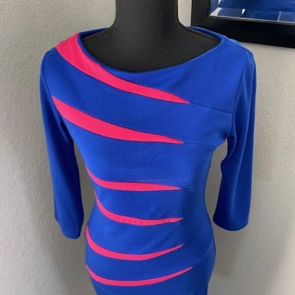 FORTRIC Bodycon Slim Blue Pink Retro-Style 80s Pencil Dress Small - Picture 5 of 12